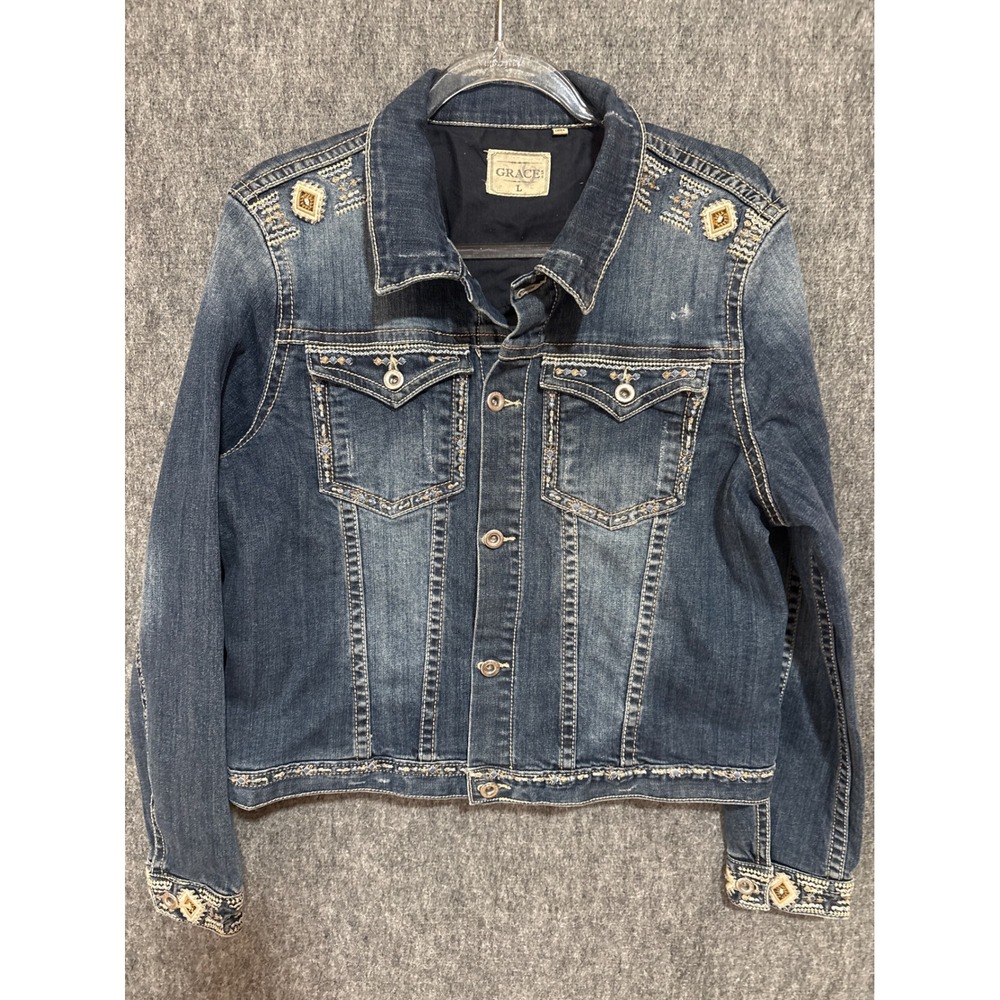 Grace in LA Womens Denim Jacket Large Embroidered Southwestern Boho Trucker Blue